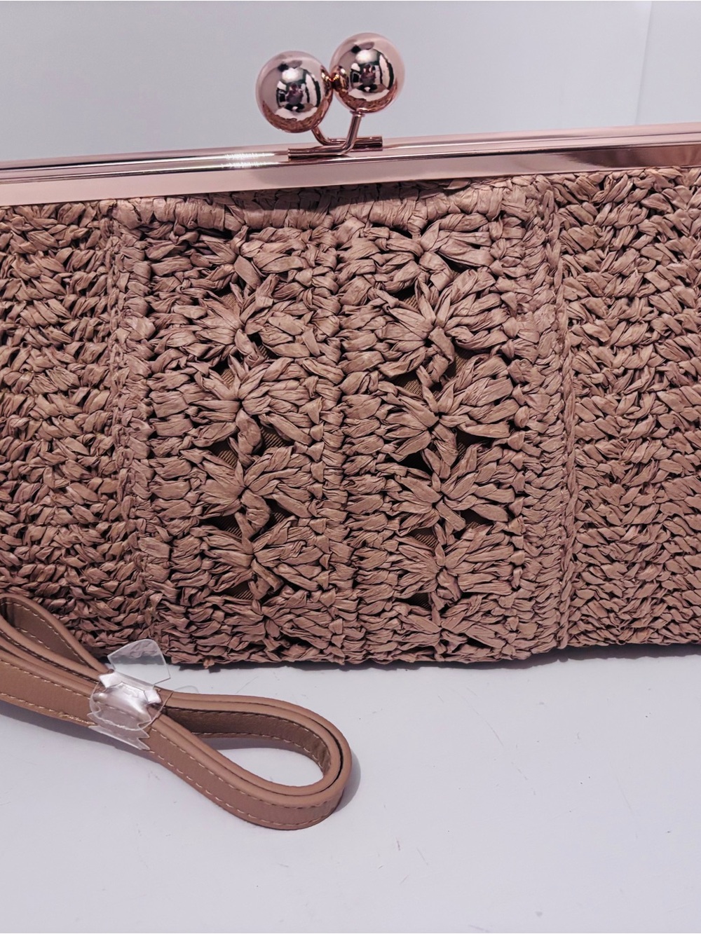 Woven Straw Clutch Wristlet in Tan with Gold Frame
